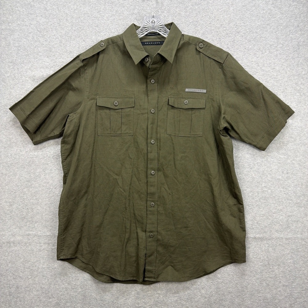 Sean John Shirt Mens XL Army Green Linen Blend Military‎ Soldier Casual Y2K